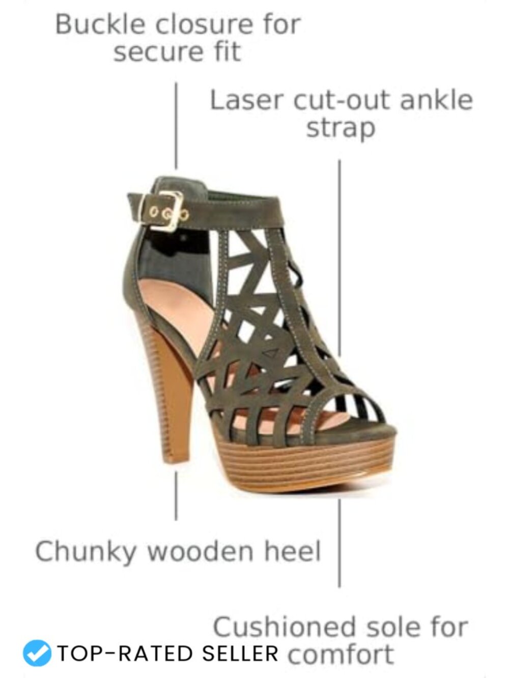 Open Toe Ankle Strap Sandal Stacked Wooden Heel Cutout Buckle - Picture 2 of 6